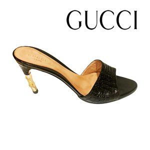 GUCCI Heel Pump Sandal - Embossed Leather with Gold Heel Stems - Made in Italy
